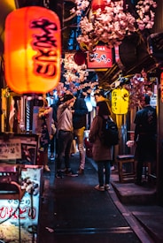A narrow, vibrant alleyway bustling with people and adorned with bright, colorful lanterns displaying Japanese characters. Cherry blossom branches hang overhead, adding a festive ambiance. The scene is lively, with people casually interacting in a setting that suggests an evening market or street festival.