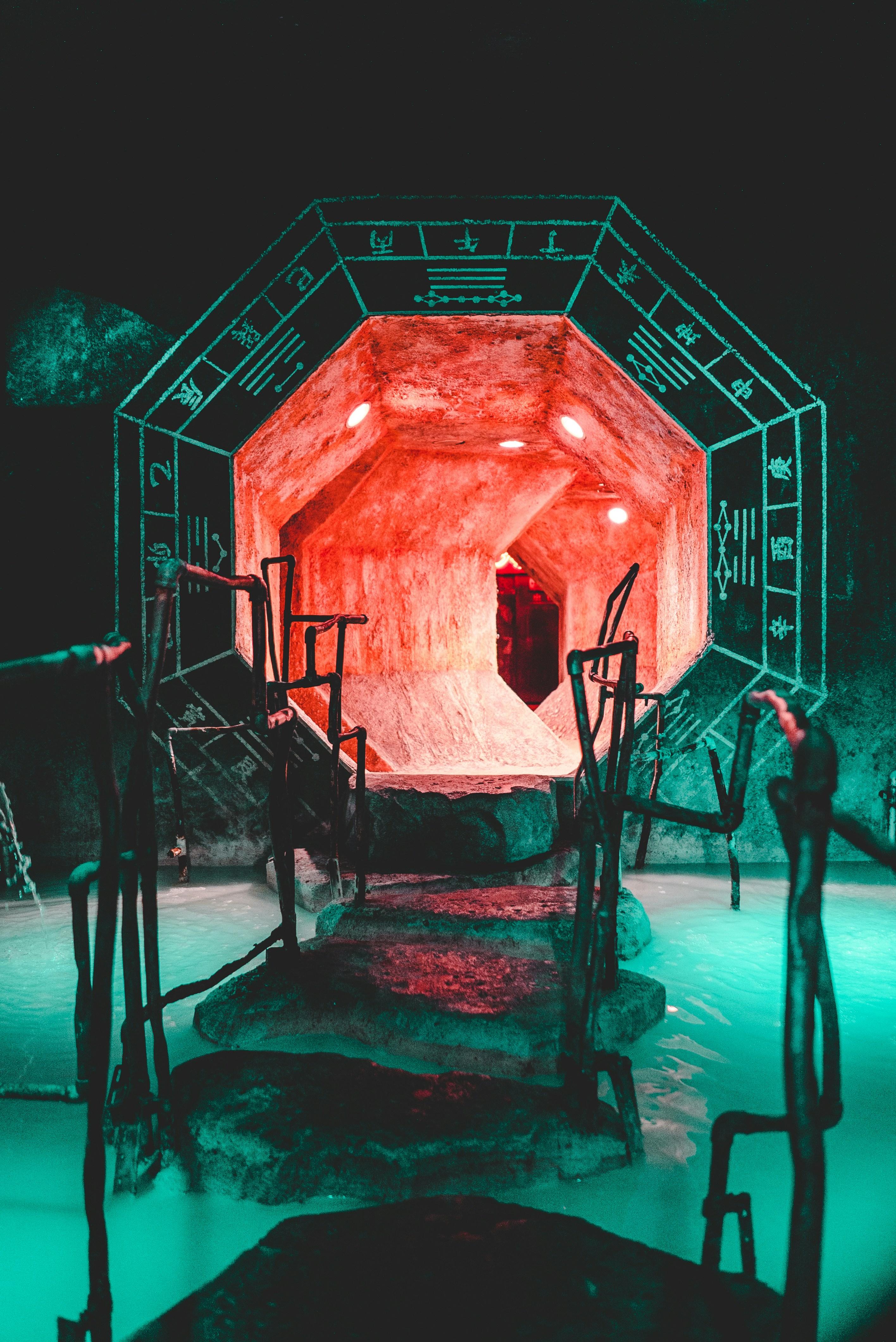 gray stones near orange hole during night time