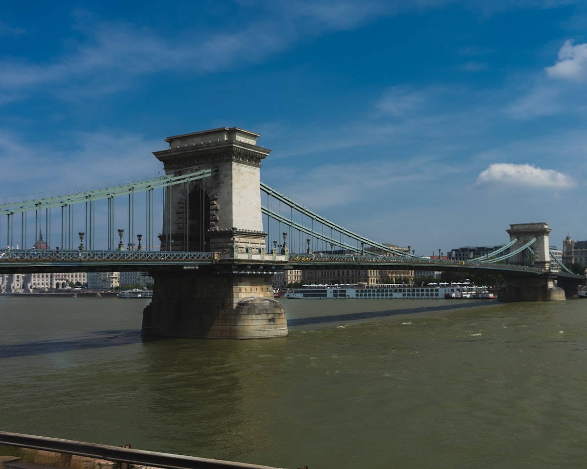 Budapest March — Széchenyi Chain Bridge spanning the Danube under a clearing blue spring sky