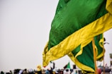 A large green flag with a yellow border is prominently displayed in the foreground. Several similar flags appear in the background, along with a blurred crowd of people and a few vehicles. The sky is overcast, contributing to a muted atmosphere.