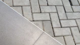 Before and after comparison of epoxy grout application in a tiled kitchen floor