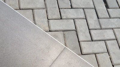 Before and after images showing transformation of a residential floor with epoxy coating.