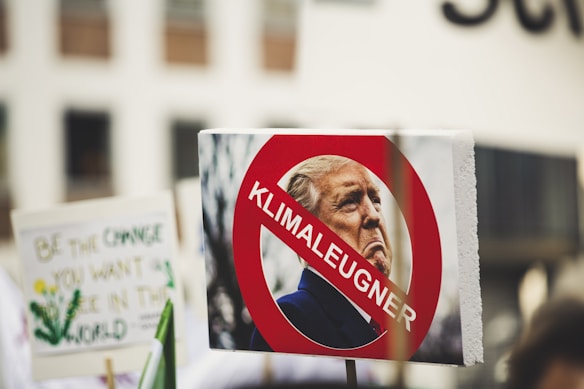 A sign held at a protest depicts a person's face with a red prohibition symbol over it and the word 'Klimaleugner,' which translates to 'climate denier.' In the background, other protest signs are partially visible, including one with the phrase 'BE THE CHANGE YOU WANT TO SEE IN THE WORLD' alongside a drawing of flowers.