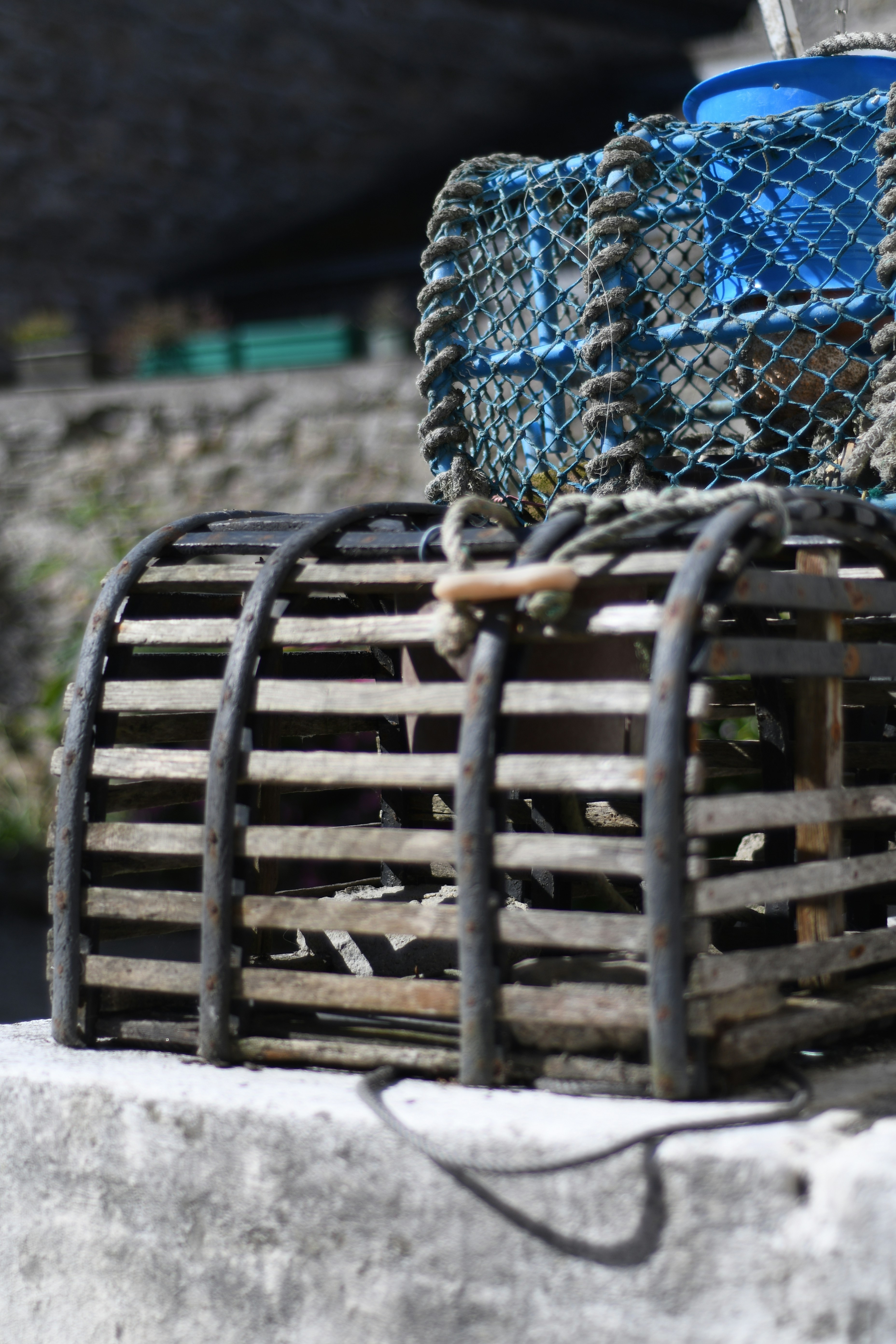 a close up of a basket on a ledge