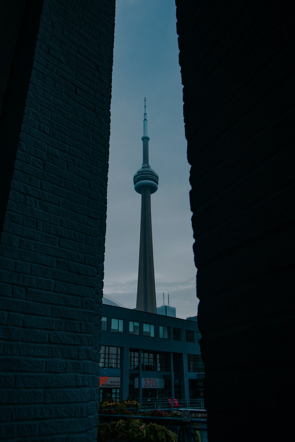 a view of a tall building through a window