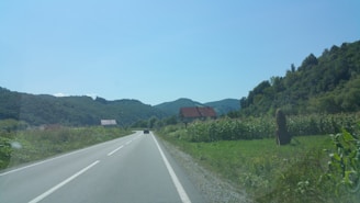 A rural landscape with a winding road flanked by green fields and dense forested hills in the background. A few houses with red roofs are visible alongside the road, and a haystack stands prominently in one of the fields. The sky is clear and blue, adding to the tranquility of the scene.