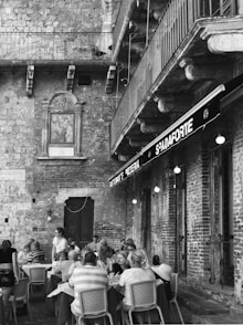 gray-scale photo of restaurant facade