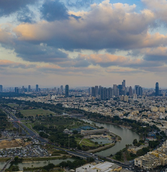 Israel dating site free — aerial view of Tel Aviv where AimerWorld members meet