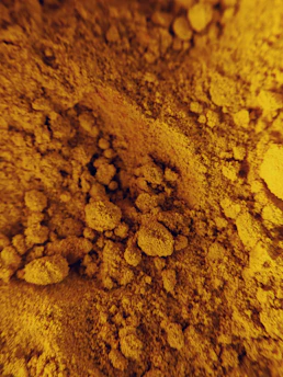 Close-up of Pineflow ingredient powder with a subtle gold and blue background highlighting its texture.