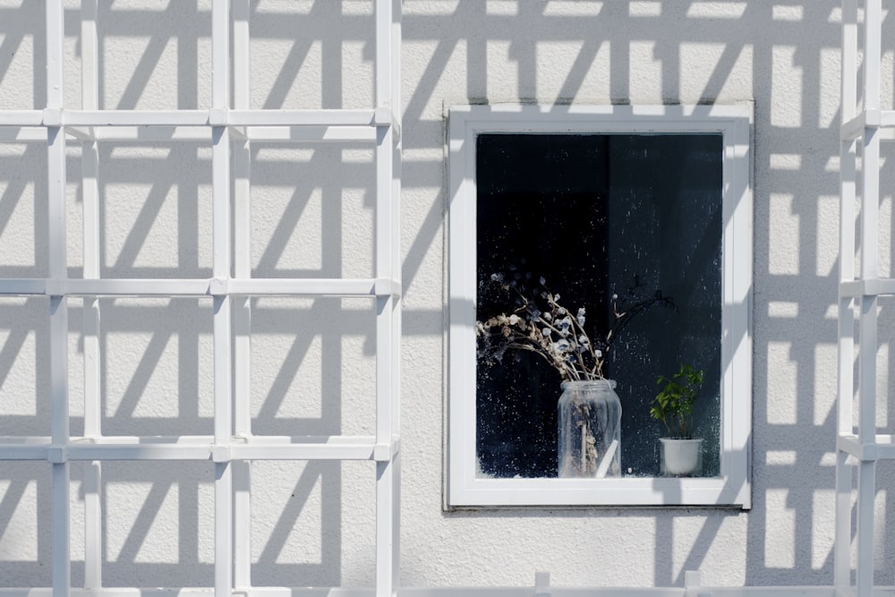 white flowers in clear glass vase near open window