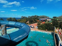 An exciting photo of visitors enjoying the water park.