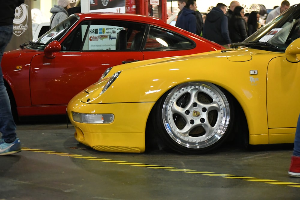 parked red and yellow cars