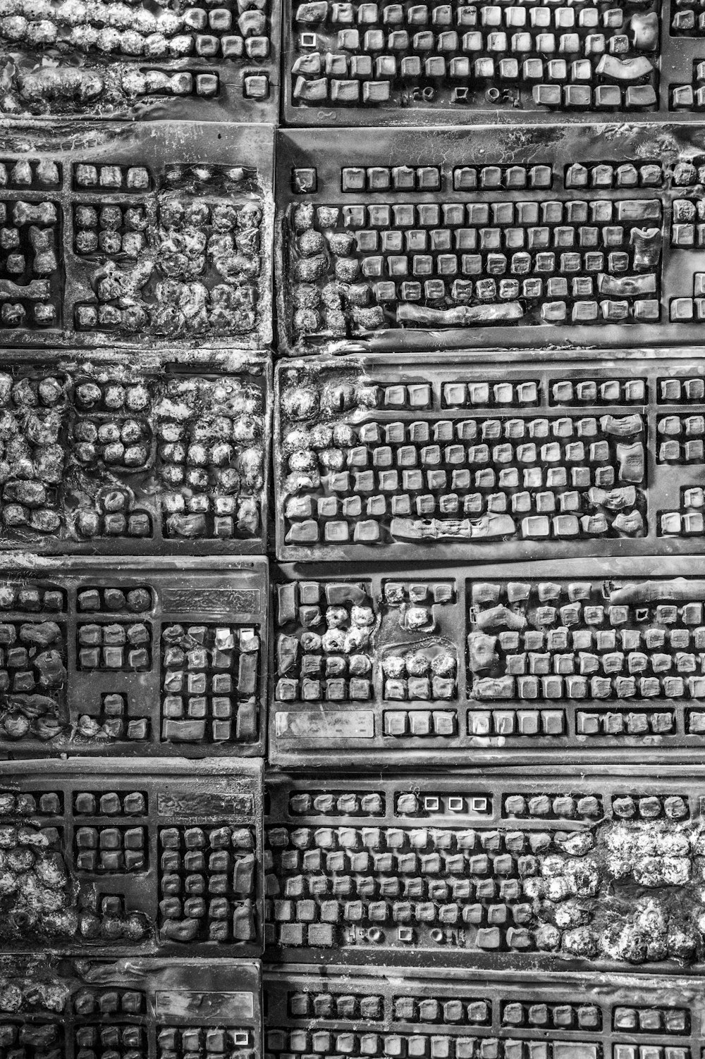 grayscale photo of burnt keyboards