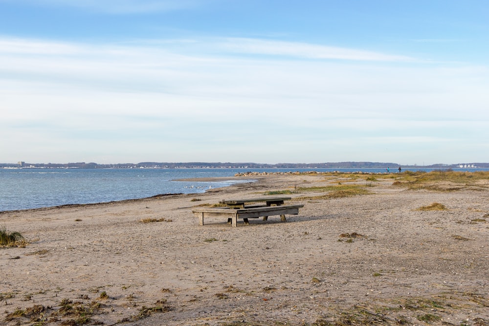 gray wooden picnic table on seashore during daytime
