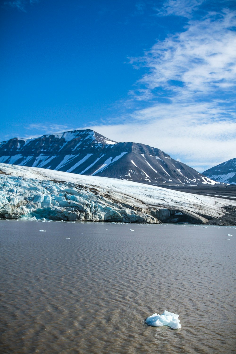 an iceberg floating on top of a lake surrounded by mountains