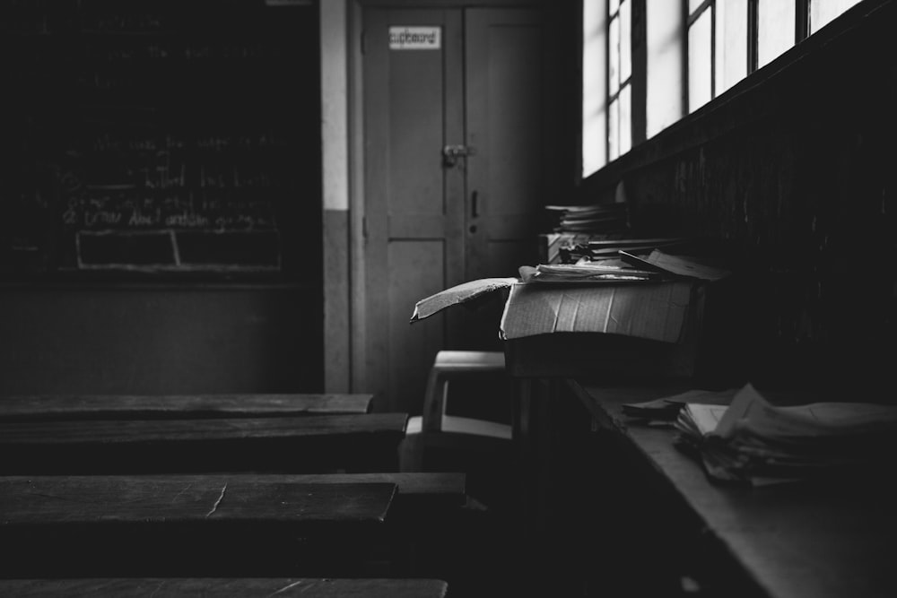 a black and white photo of a classroom