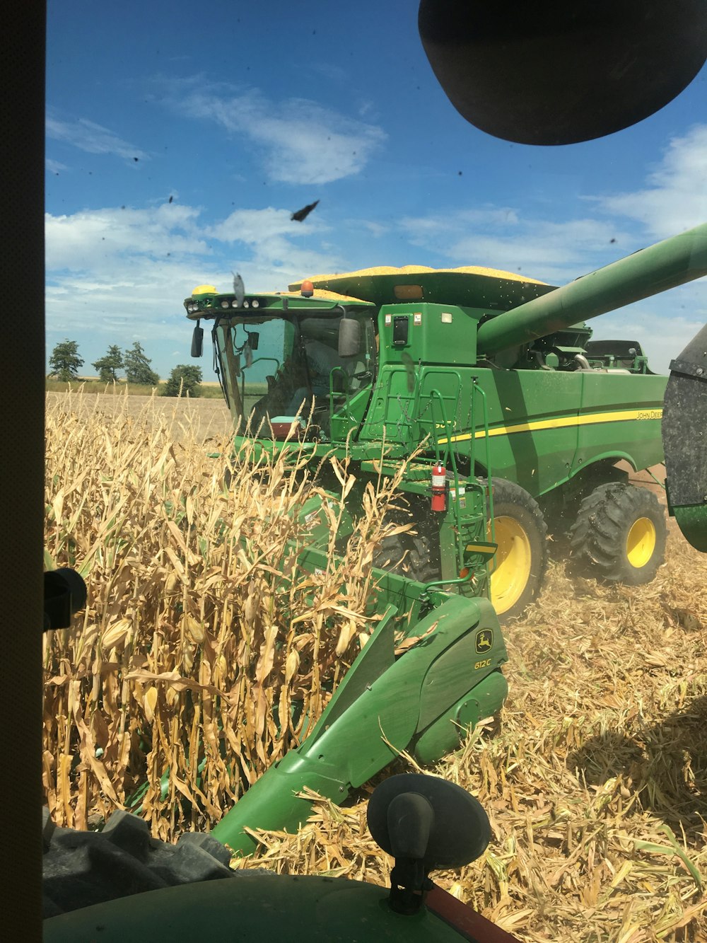 green harvester harvesting corn in field