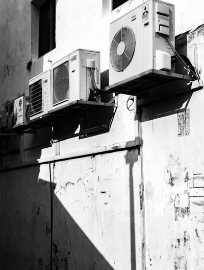 greyscale photography of AC units