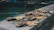 Several dried fish are laid out in a row on a concrete surface near what appears to be a body of water in a harbor or dock area. The fish are secured with strings. The background shows blurred boats and the water reflects a greenish hue.