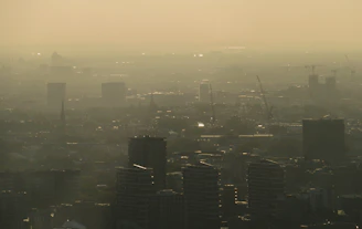 Delhi skyline with visible smog and pollution haze, conceptual image linking urban air quality to sk