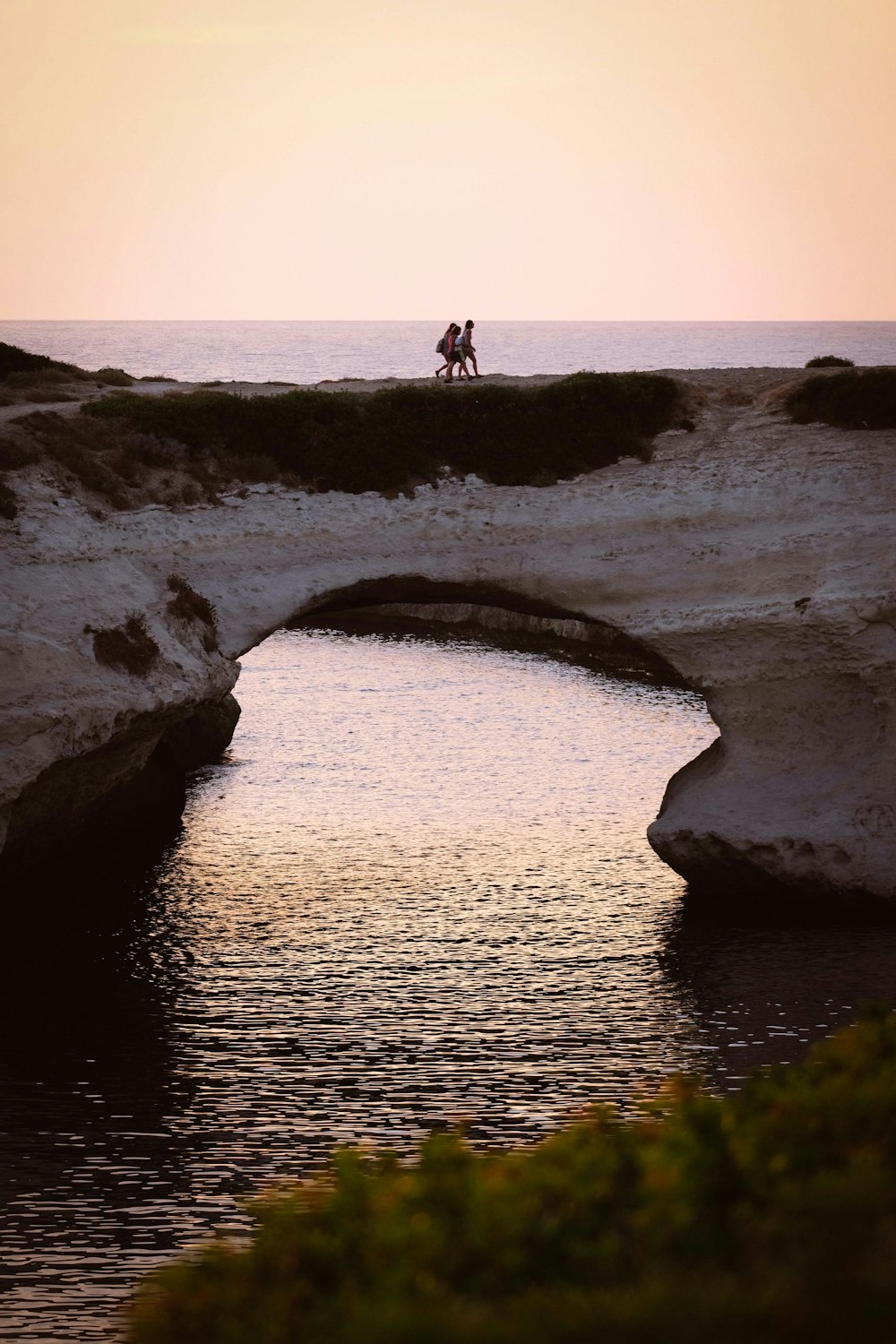 silhouette photo of people standing on bridge