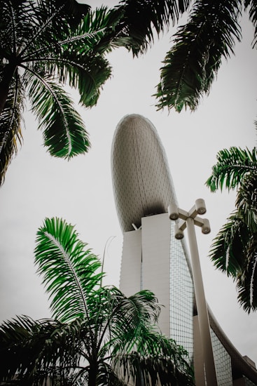 A modern architectural building with a unique, oval-shaped top extends into the cloudy sky, surrounded by lush green palm trees. The structure is composed of glass and steel, reflecting a blend of urban and natural elements.