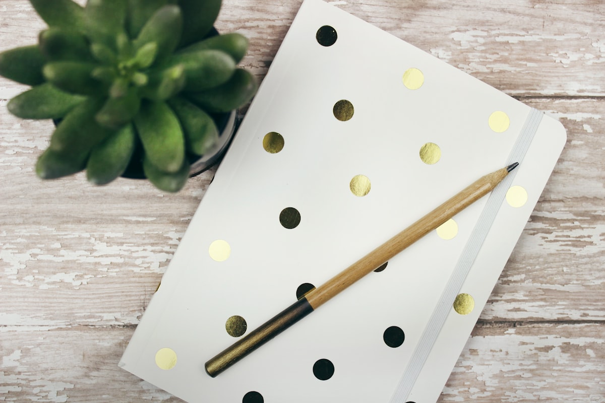 Polka-dotted notebook with golden pen and succulent, capturing the essence of organized creativity and growth.