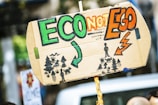 person holding Eco Not Ego signage