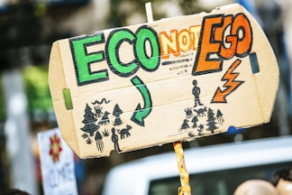 person holding Eco Not Ego signage