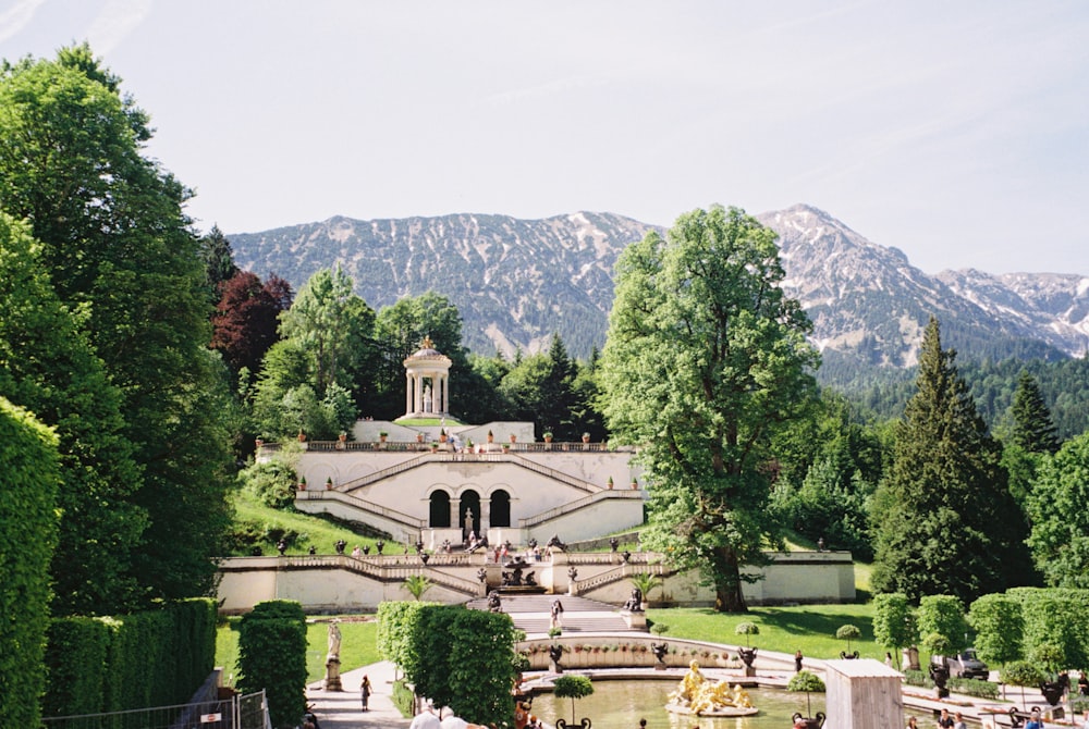 green trees surrounding white building near mountain