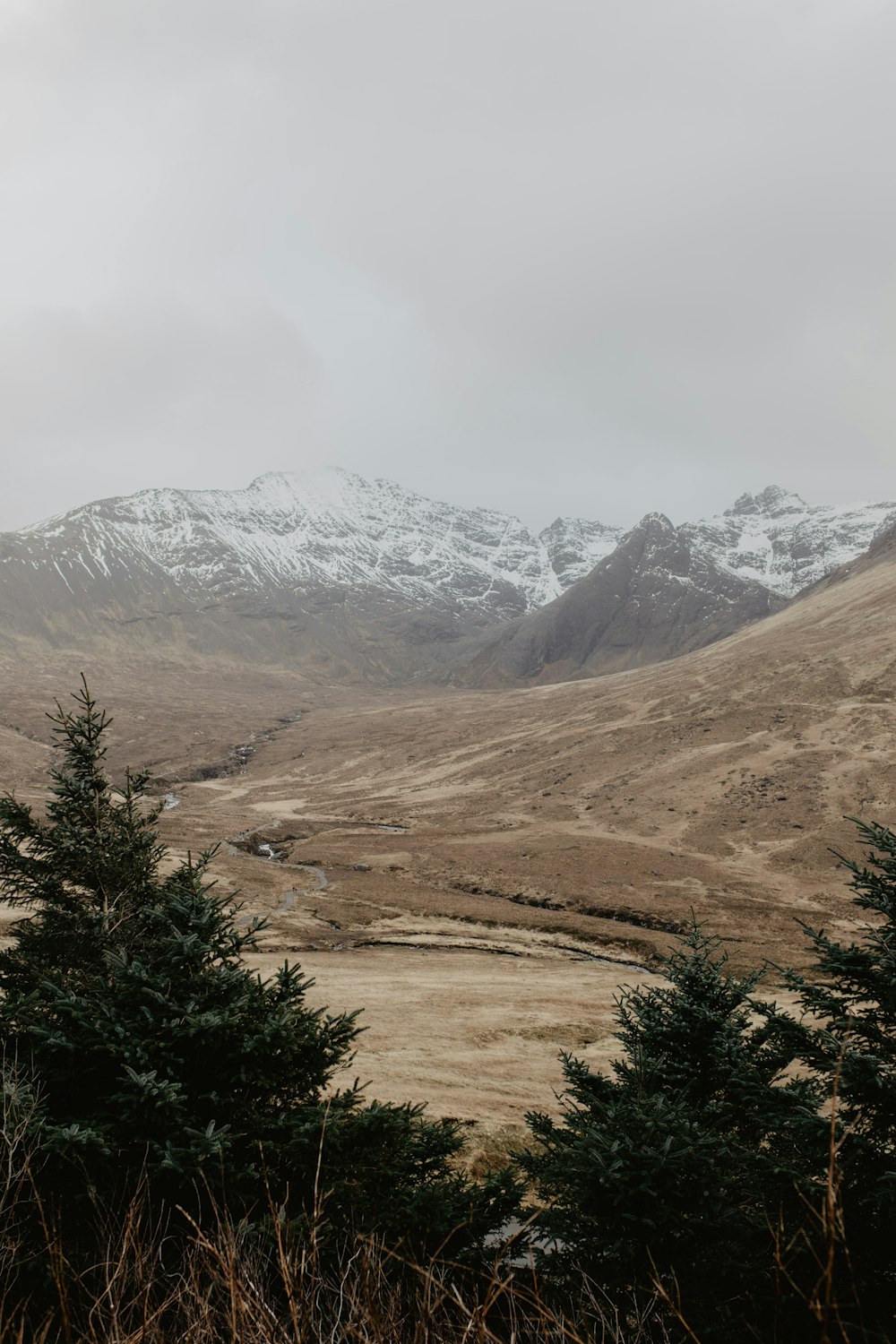 a view of a snowy mountain range from a distance