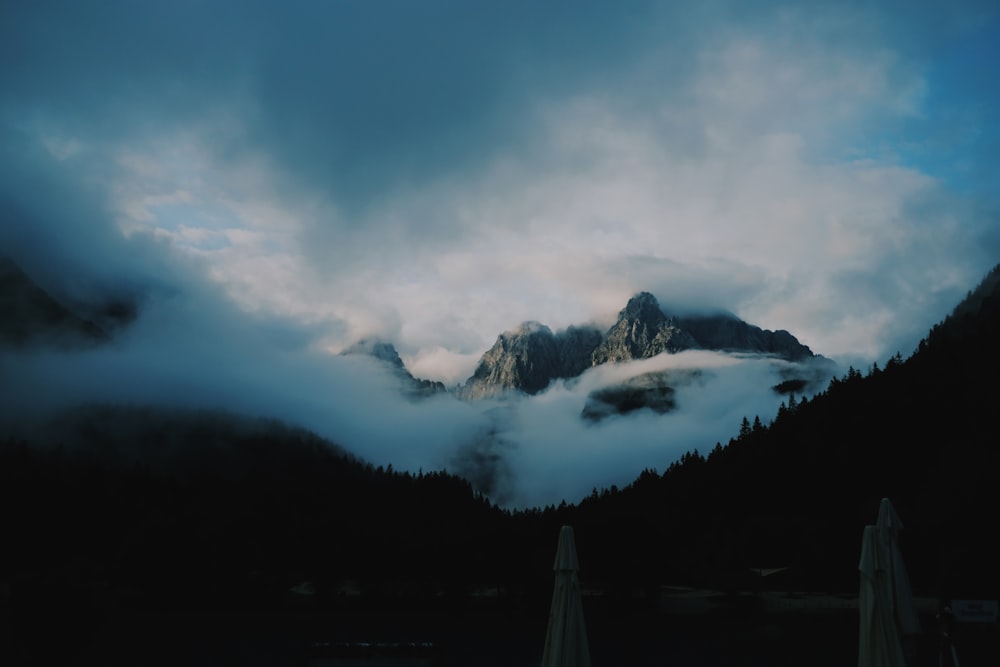 silhouette of foggy mountain scenery