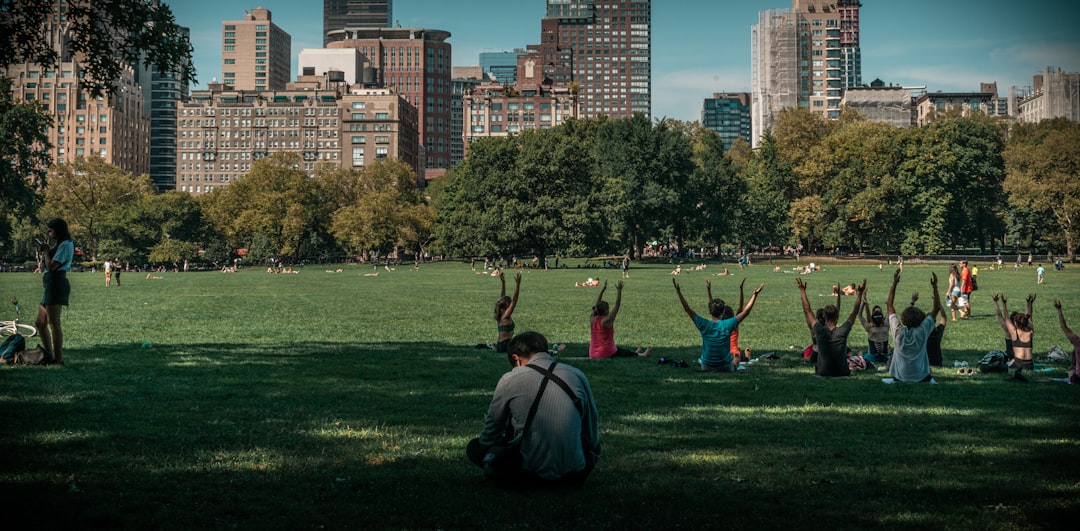 people taking exercise on green grass field,