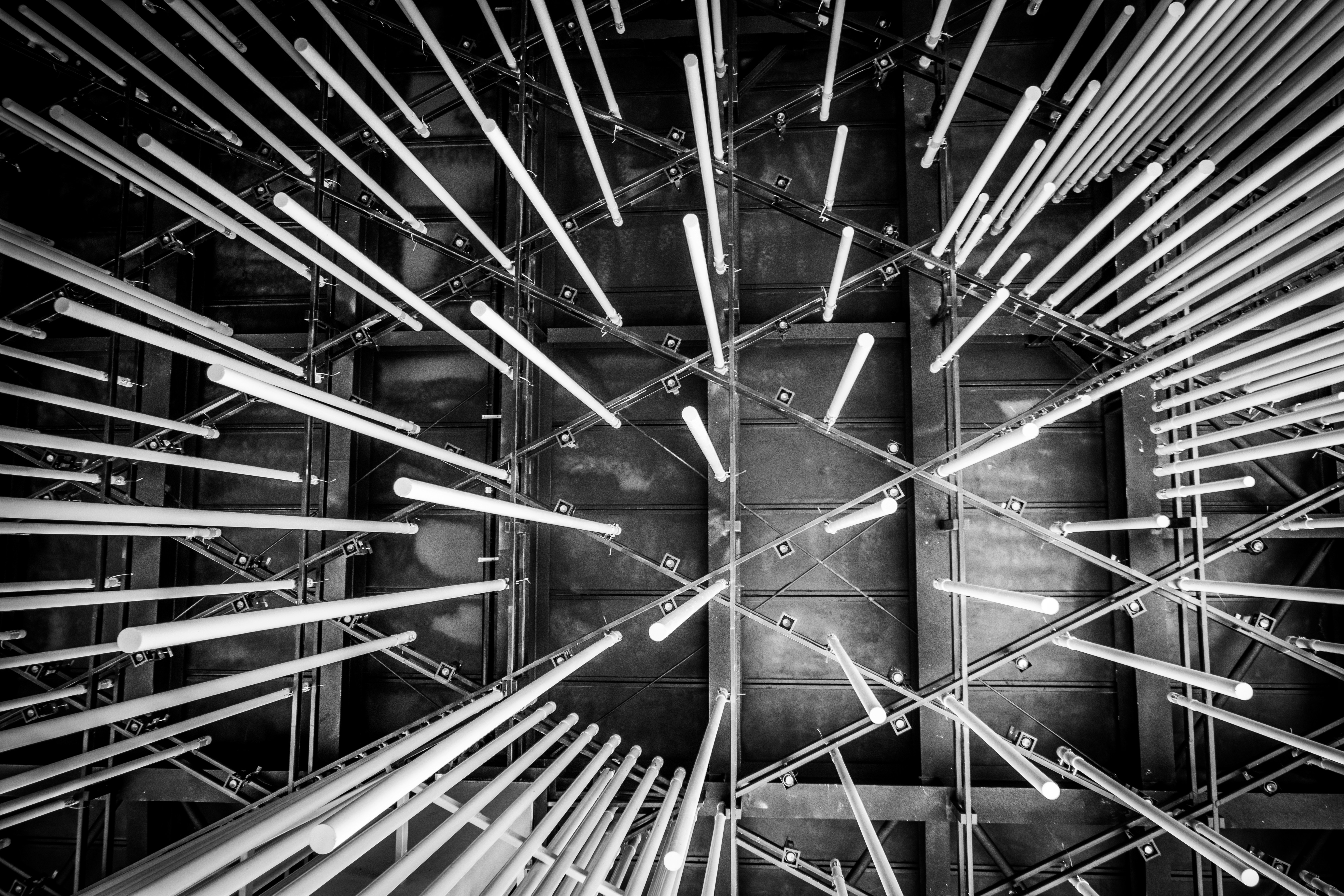 a black and white photo of a bunch of lights