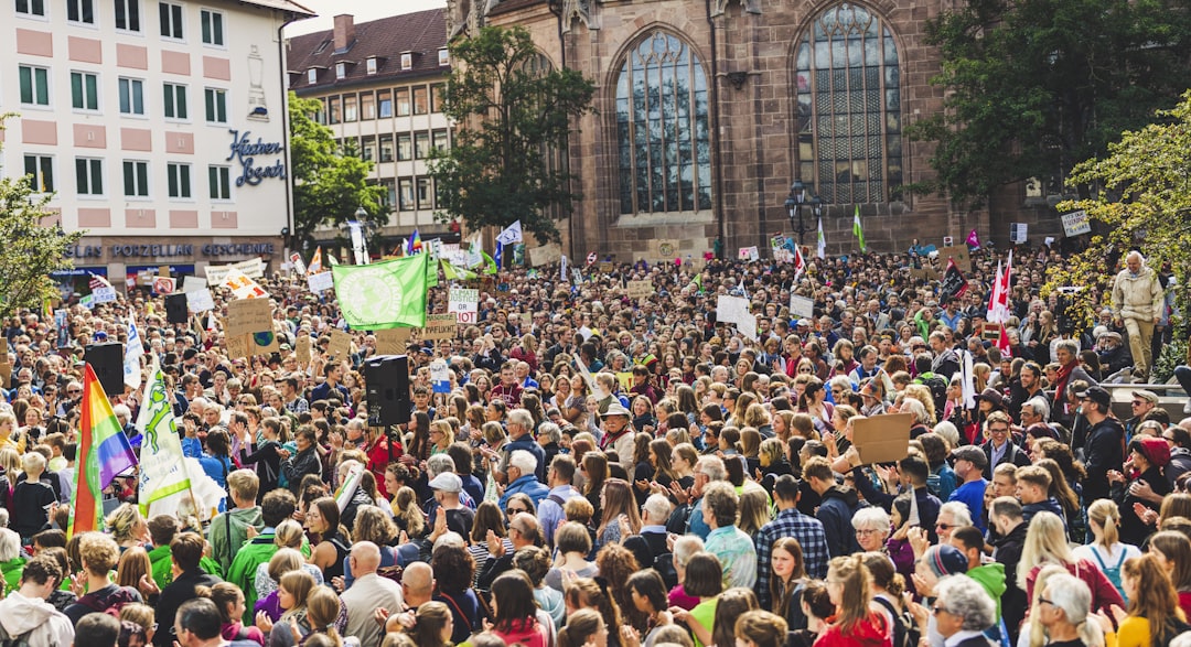 crowd of people standing outdoors, Global climate change strike - No Planet B - 09-20-2019