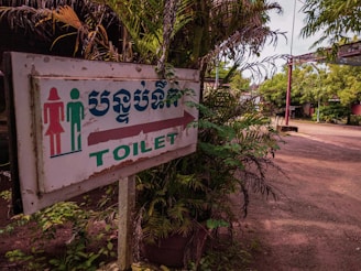 A slightly weathered sign indicating the direction to the toilet, featuring symbols for a male and female. The text is in both English and another language. Surrounding the sign are lush green plants with branches extending around it. The background features an open outdoor setting with a dirt path and more greenery.