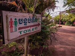 A slightly weathered sign indicating the direction to the toilet, featuring symbols for a male and female. The text is in both English and another language. Surrounding the sign are lush green plants with branches extending around it. The background features an open outdoor setting with a dirt path and more greenery.