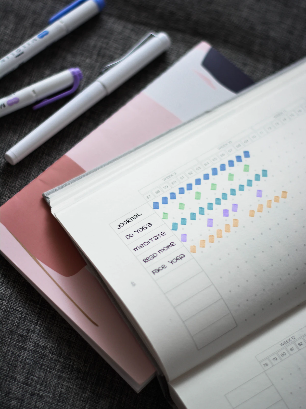 Notizbuch mit Habit-Tracker und markierten Fortschritten