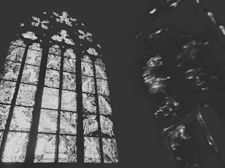 A serene stained glass window depicting the Immaculate Conception bathed in soft morning light.