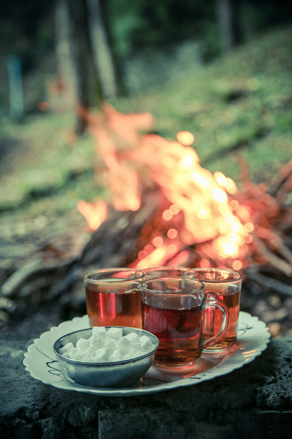 liquid in clear glass mugs near sugar cubes in bowl beside bonfire