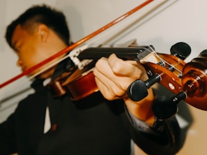 A person is playing a violin, focusing on the hand holding the violin neck and the bow in motion. The violin's strings and tuning pegs are visible in detail. The background is blurred, emphasizing the musician's concentration.