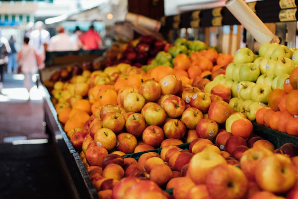 Bright colorful vegetables and fruit at an outdoor farmer's market
