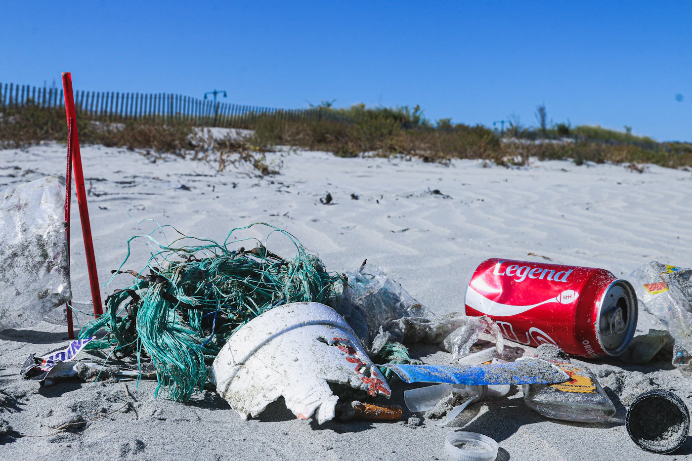 Plastic waste and fishing line on a beach