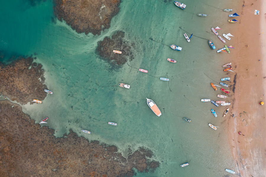 Jangadas sobre o mar claro e os recifes de Porto de Galinhas