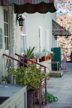 A charming exterior scene featuring a light green building with several windows and an ornate lamp affixed beside a door. The windows are adorned with rectangular wooden flower boxes containing various plants and flowers. A metal railing painted in pinkish tones runs alongside a small elevated path leading past the building. Overhead, striped awnings provide shade. The setting is complemented by a few potted plants and a green coiled garden hose on the ground.
