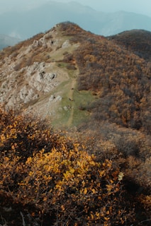 A narrow trail winds its way along the top of a rugged ridge, surrounded by dense bushes displaying autumn hues of orange and brown. The mountainous landscape extends into the distant horizon, where misty blue hills are faintly visible.