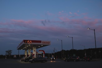 A gas station is illuminated under a twilight sky with hues of blue and pink. Several cars are parked under the gas station canopy, with lit streetlights lining the area. The price sign displays the fuel cost, and trees can be seen in the background.
