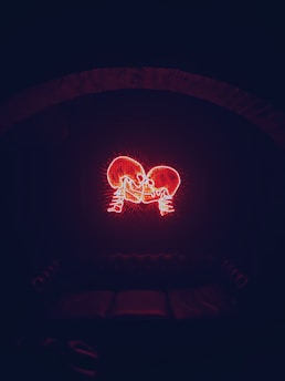 A neon art piece depicting two skeletons facing each other, positioned on a background of a dark wall. The glowing red outlines of the skeletons create an intense visual effect, with the surrounding area mostly obscured in shadows. Below the neon art, a dimly lit couch is visible, blending into the setting.