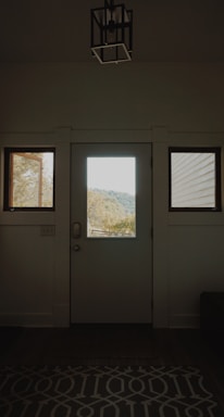 An interior view of a doorway with a windowed door centered between two smaller side windows. Natural light comes through the windows, highlighting a scenic view of trees and hills outside. There is a geometric pattern rug on the floor inside, and a modern light fixture hangs above the door.
