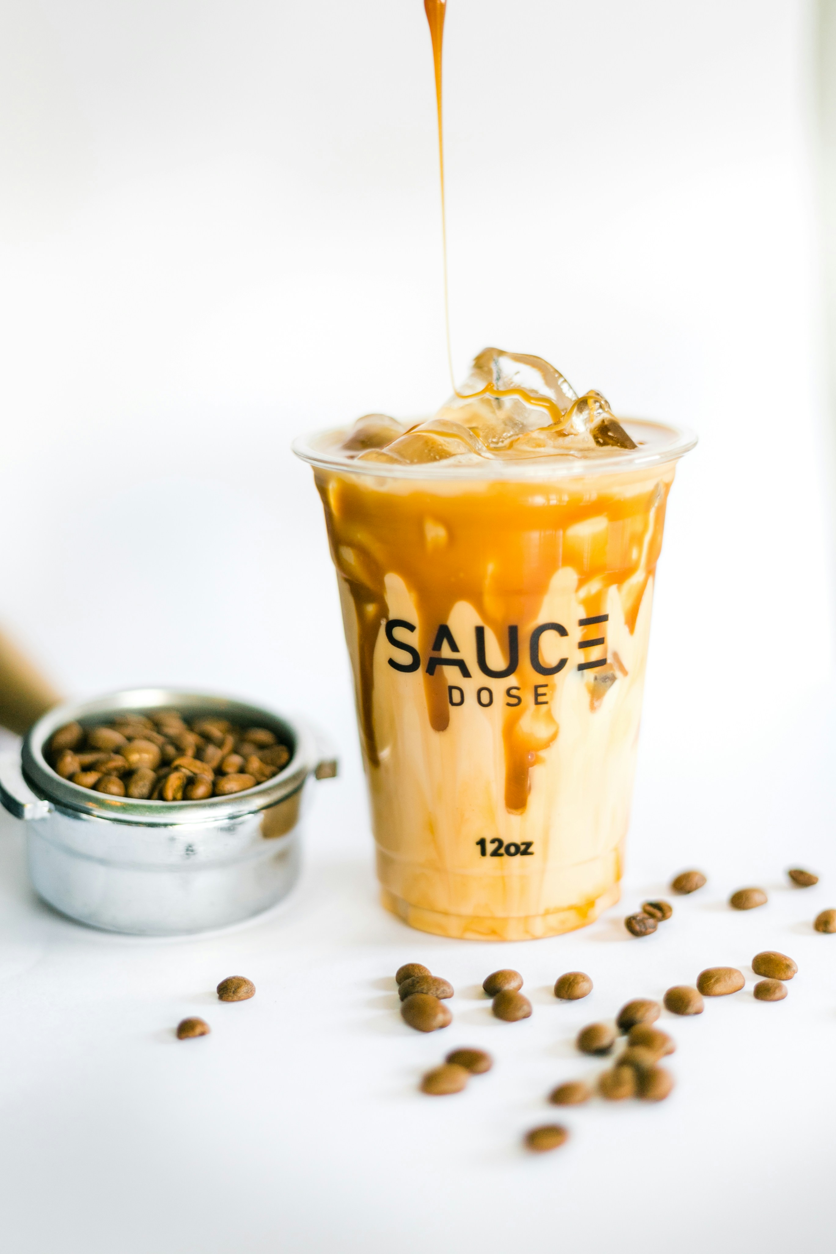 Caramel Cold Coffee — Smooth coffee with caramel drizzle, warm food photography with rich colours